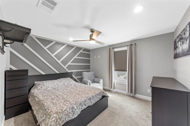 bedroom with light carpet and ceiling fan