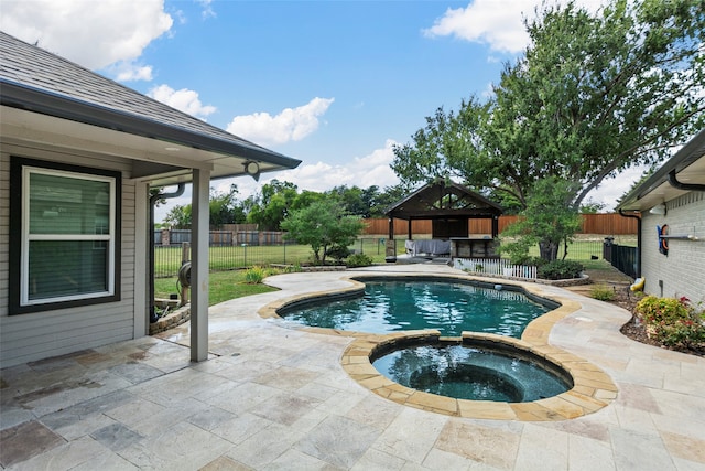 view of swimming pool with a gazebo, a patio, and an in ground hot tub