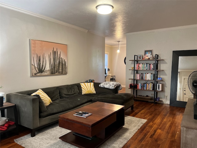 living room featuring a textured ceiling, dark hardwood / wood-style floors, and ornamental molding