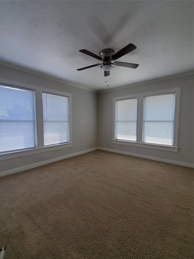 carpeted empty room featuring a textured ceiling, ceiling fan, and ornamental molding