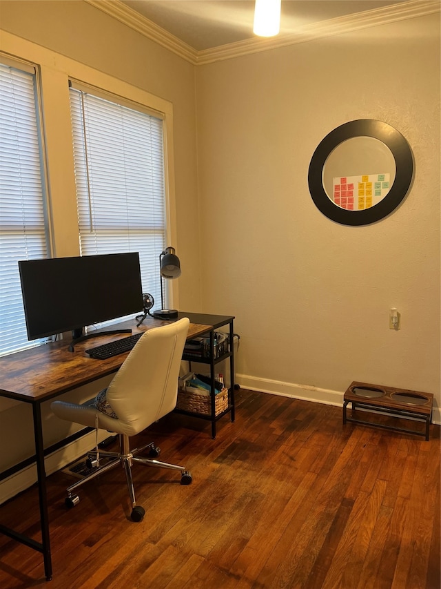 office with crown molding and dark hardwood / wood-style floors