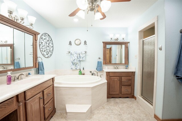 bathroom with separate shower and tub, ceiling fan, tile patterned floors, and vanity