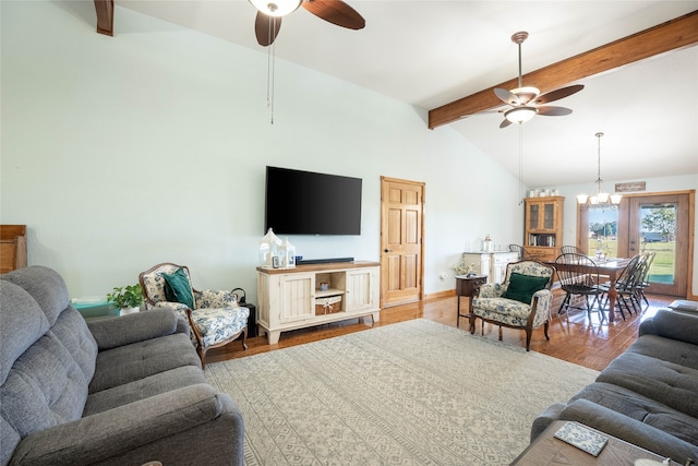 living room featuring beam ceiling, ceiling fan with notable chandelier, high vaulted ceiling, and wood-type flooring