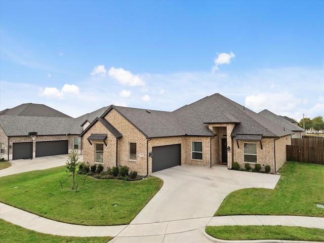 french country style house with a front lawn, concrete driveway, a shingled roof, and an attached garage