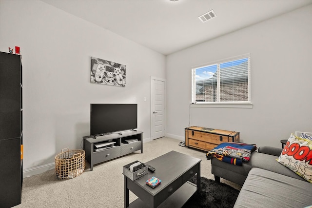 living room featuring light colored carpet