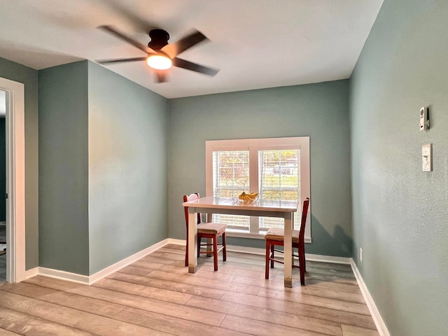 dining area with ceiling fan and light hardwood / wood-style floors