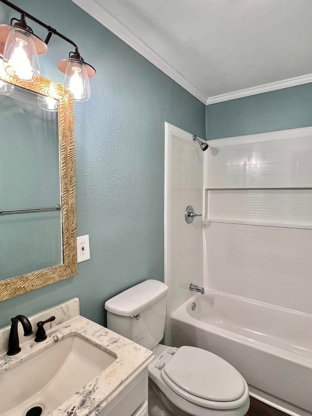 full bathroom with crown molding, a textured ceiling, toilet, vanity, and shower / bathtub combination