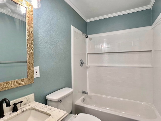 full bathroom featuring crown molding, toilet, vanity, and tub / shower combination