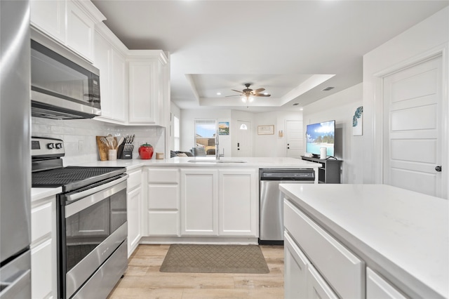 kitchen featuring white cabinets, sink, light wood-type flooring, a tray ceiling, and stainless steel appliances