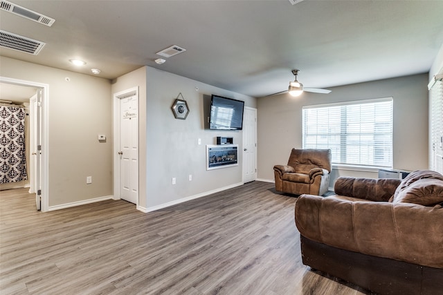 living room with ceiling fan and wood-type flooring