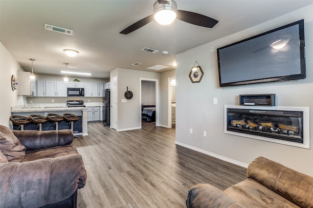 living room featuring ceiling fan and wood-type flooring