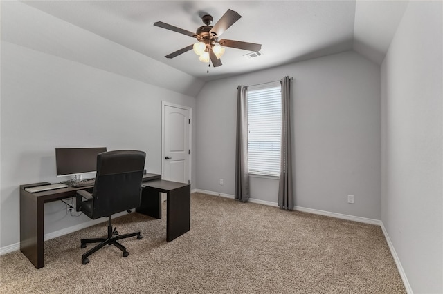 office space featuring ceiling fan, light carpet, and vaulted ceiling