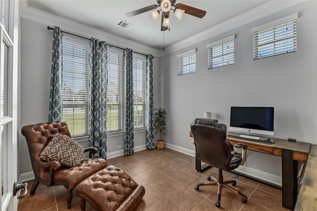 tiled office space with crown molding and ceiling fan