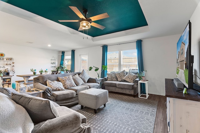 living room with ceiling fan, dark hardwood / wood-style flooring, and a tray ceiling