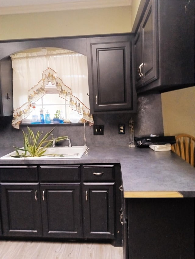 kitchen featuring crown molding, dark cabinetry, a sink, and decorative backsplash