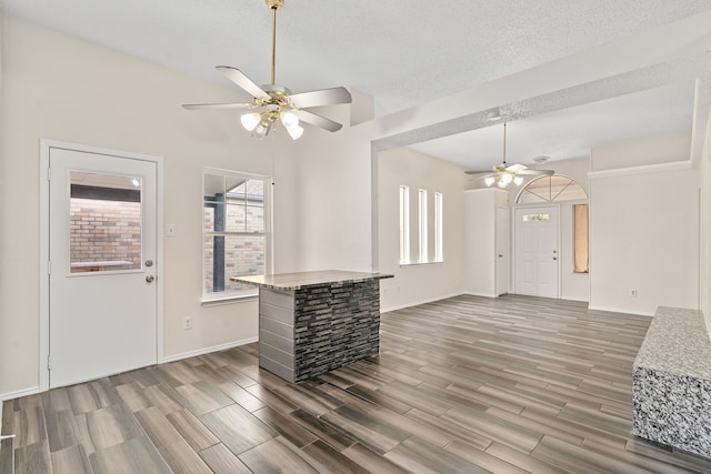 interior space with a textured ceiling, ceiling fan, a healthy amount of sunlight, and dark hardwood / wood-style floors