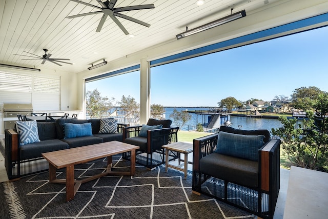 view of patio / terrace featuring a water view and an outdoor hangout area