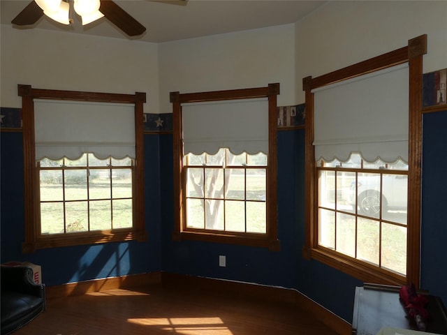 unfurnished dining area with hardwood / wood-style floors and ceiling fan