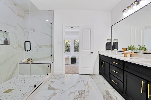 bathroom featuring vanity and an enclosed shower