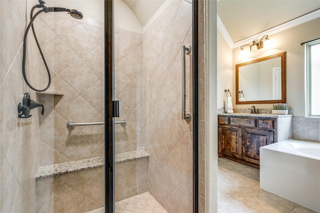 bathroom with ornamental molding, lofted ceiling, plus walk in shower, and vanity