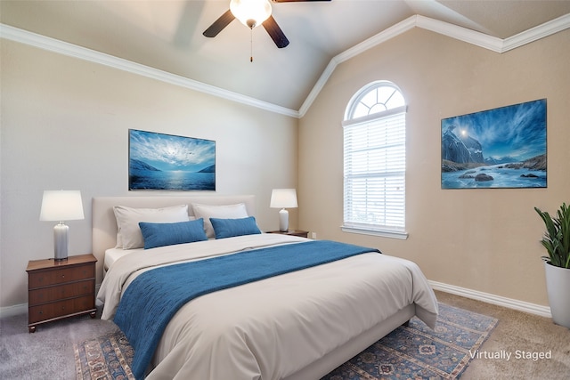 carpeted bedroom featuring ceiling fan, ornamental molding, and vaulted ceiling