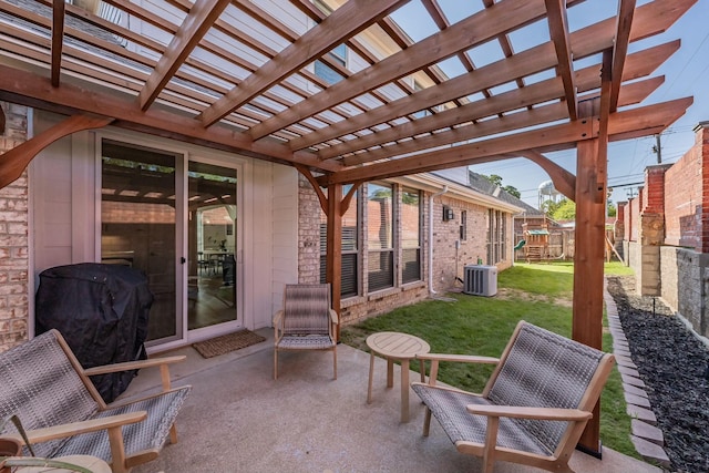 view of patio / terrace featuring cooling unit, area for grilling, and a pergola