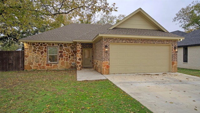 ranch-style house featuring a front lawn and a garage