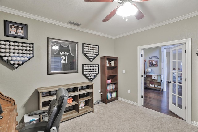 118 Prairie Creek Way, Abilene, TX 79602 - home office featuring ornamental molding, carpet flooring, a ceiling fan, and baseboards