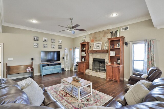 118 Prairie Creek Way, Abilene, TX 79602 - living room featuring ceiling fan, ornamental molding, dark wood finished floors, baseboards, and a fireplace