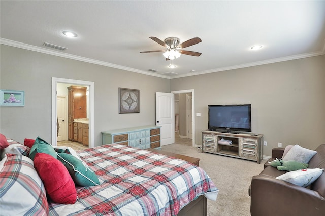 118 Prairie Creek Way, Abilene, TX 79602 - bedroom with light carpet, crown molding, baseboards, ensuite bathroom, and recessed lighting