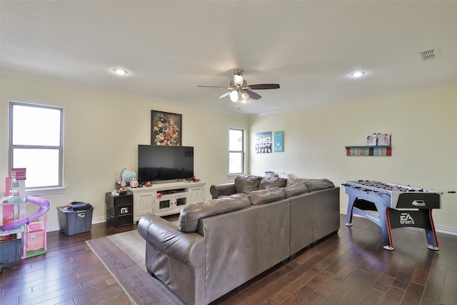 118 Prairie Creek Way, Abilene, TX 79602 - living area featuring a ceiling fan, dark wood-style floors, ornamental molding, recessed lighting, and baseboards