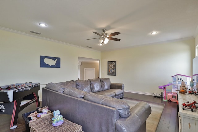 118 Prairie Creek Way, Abilene, TX 79602 - living room with a ceiling fan, hardwood / wood-style flooring, crown molding, recessed lighting, and baseboards