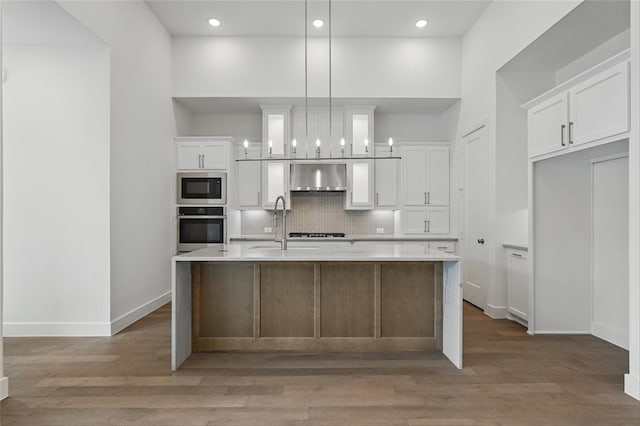 823 Shady Oaks Dr, Rockwall, TX 75087 - kitchen with appliances with stainless steel finishes, under cabinet range hood, backsplash, white cabinetry, and recessed lighting