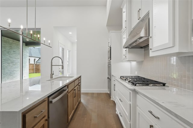 823 Shady Oaks Dr, Rockwall, TX 75087 - kitchen with appliances with stainless steel finishes, under cabinet range hood, a sink, wood finished floors, and decorative backsplash