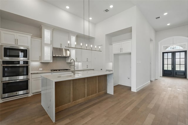 823 Shady Oaks Dr, Rockwall, TX 75087 - kitchen with under cabinet range hood, stainless steel appliances, a chandelier, a sink, and french doors