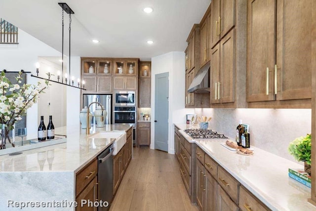 kitchen featuring light wood-type flooring, stainless steel appliances, sink, a large island with sink, and decorative light fixtures