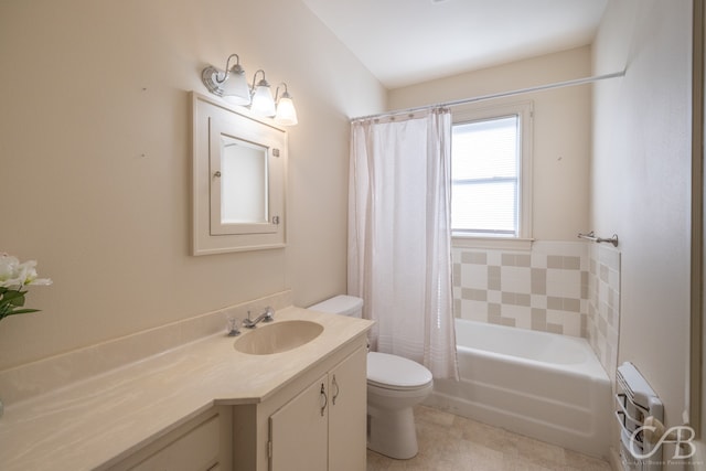 full bathroom with vanity, toilet, and shower / bathtub combination with curtain