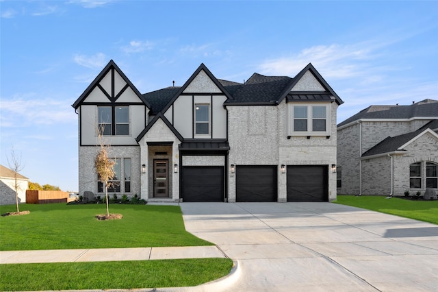 tudor house with a front yard and a garage