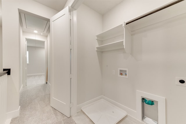 clothes washing area with light carpet, washer hookup, and hookup for an electric dryer