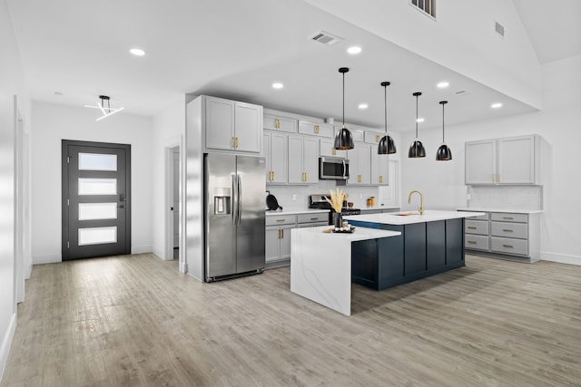 kitchen with stainless steel appliances, light hardwood / wood-style flooring, tasteful backsplash, and an island with sink