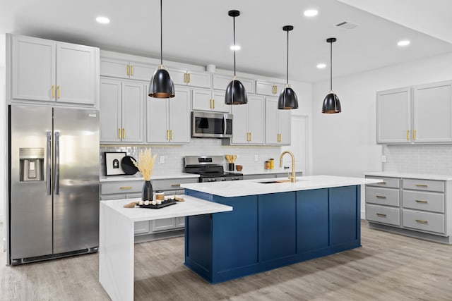 kitchen with sink, stainless steel appliances, decorative light fixtures, a center island with sink, and light wood-type flooring