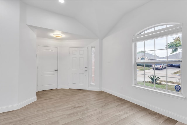 empty room featuring light hardwood / wood-style flooring, a healthy amount of sunlight, and vaulted ceiling