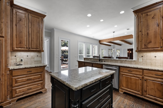 kitchen with dishwasher, sink, tasteful backsplash, beam ceiling, and dark hardwood / wood-style flooring