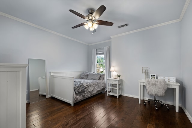 bedroom featuring crown molding, ceiling fan, and dark wood-type flooring