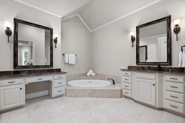 bathroom with vanity, lofted ceiling, tile patterned floors, crown molding, and a relaxing tiled tub