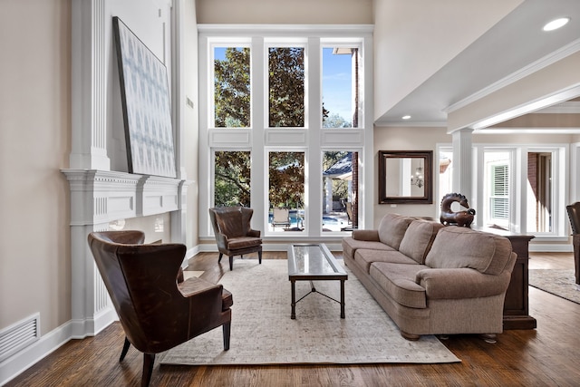 living room featuring dark hardwood / wood-style floors, ornate columns, and crown molding