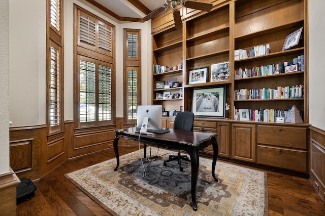 office featuring dark hardwood / wood-style floors and crown molding