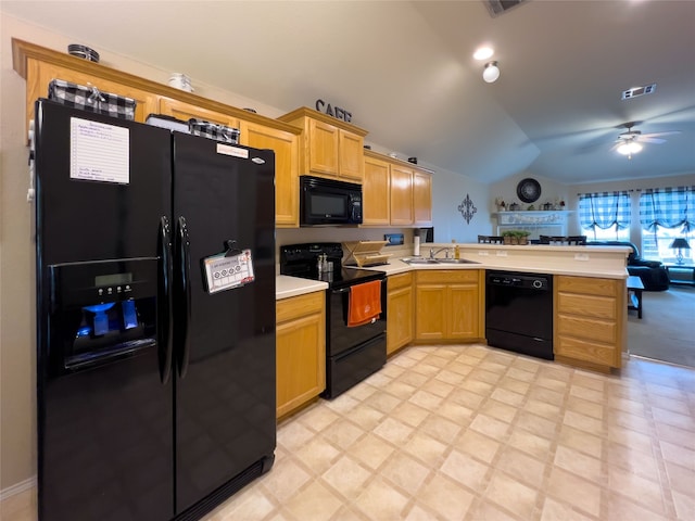 kitchen featuring ceiling fan, sink, kitchen peninsula, vaulted ceiling, and black appliances