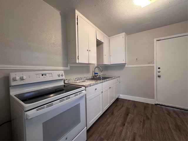 kitchen featuring sink, dark wood-type flooring, white electric stove, a textured ceiling, and white cabinets