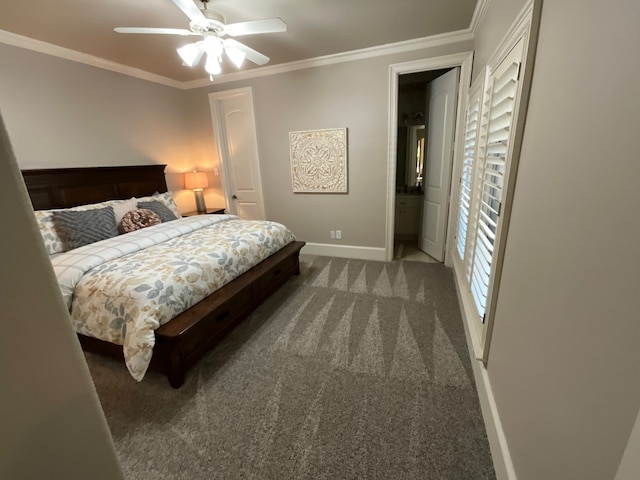 bedroom with ceiling fan, crown molding, carpet, and ensuite bathroom